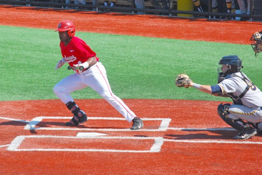 Then-freshman outfielder Ronnie Dawson starts his run towards first base during a game against Murray State on April 19 at Bill Davis Stadium. OSU lost, 7-5. Credit: Tim Moody / Sports editor