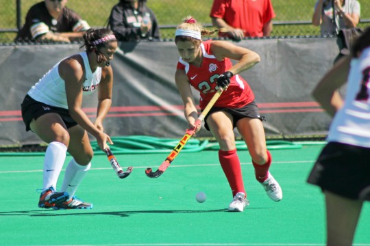 OSU freshman forward Maddy Humphrey (23) goes for the ball during a game against Ball State on Sept. 14 at Buckeye Varsity Field. OSU won, 3-2, in overtime. Credit: Melissa Prax / Lantern photographer 