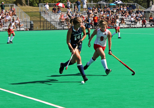 Sophomore forward Brooke Hiltz (6) marks an opposing player during a game against Penn State on Sept. 28 at Buckeye Varsity Field. OSU lost, 4-3. Credit: Grant Miller / Copy chief