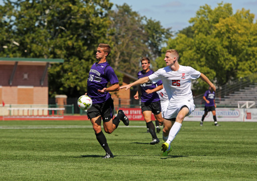 OSU sophomore defender Austin Bergstrom (25) chases the ball during a game against Northwestern on Sept. 14 at Jesse Owens Memorial Stadium. OSU won, 2-0. Credit: Muyao Shen / Lantern photographer 