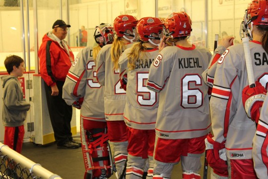 The OSU women's ice hockey team prepares to take the ice prior to an exhibition game against Western Ontario at the Ohio State Ice Rink. OSU tied 2-2. Credit: Grant Miller / Copy Chief