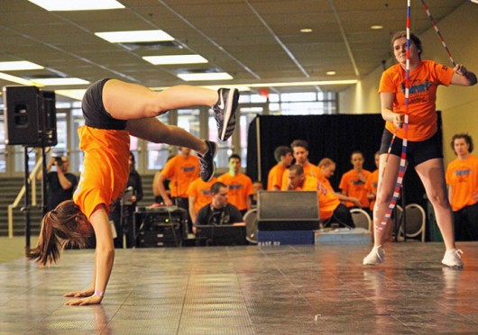 Members of World Jump Rope Jenna Bica (left) and Leah Turner, both of Seattle, perform before the jump roping competition at the 2014 Arnold Sports Festival, which ran from Feb. 27 to March 2 in various venues throughout Columbus. Credit: Melissa Prax / Lantern photographer