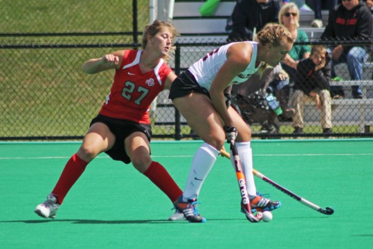 Junior back Emma Royce (27) plays defense during a game against Ball State on Sept. 14 at Buckeye Varsity Field. OSU won, 3-2, in overtime.  Credit: Melissa Prax / Lantern photographer 