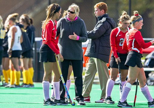 OSU coach Anne Wilkinson coaches up her players during a timeout in a game against Iowa Oct. 19. at Buckeye Varsity Field. OSU lost 2-1.  Credit: Ben Jackson / For The Lantern
