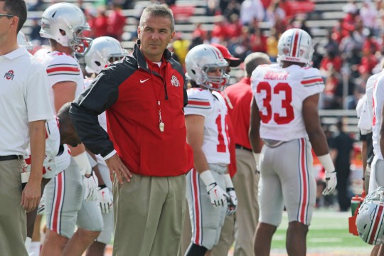 Coach Urban Meyer looks on during a game against Maryland on Oct. 4 in College Park, Md. OSU won, 52-24. Credit: Mark Batke / Photo editor
