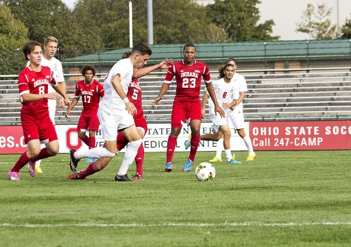 Senior defender Kyle Culbertson (3) attempts a penalty kick during a game against Indiana on Oct. 12 at Jesse Owens Memorial Stadium. OSU lost, 2-1, as Culbertson made one penalty kick, but missed another in the game’s closing minutes. Credit: Ed Momot / For The Lantern
