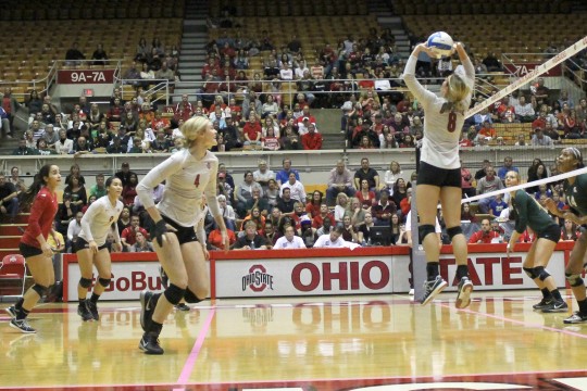 Senior setter Taylor Sherwin (8) sets the ball for her teammates during a game against Michigan State on Oct. 24 at St. John Arena. OSU won, 3-2. Credit: Taylor Cameron / Lantern photographer 