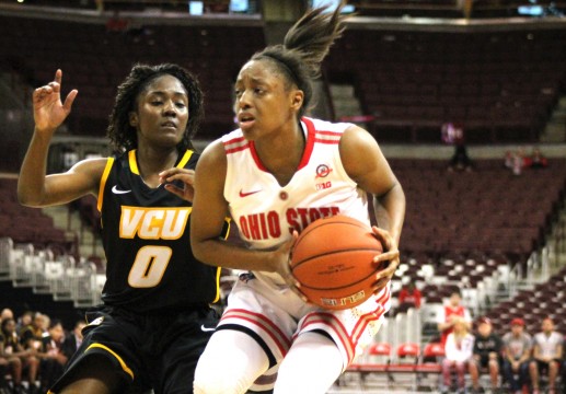 OSU freshman guard Kelsey Mitchell holds possession of the ball in the second half of the OSU Women's basketball game against VCU November 23, 2014. OSU went on to win 96-86.