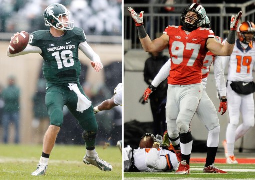 (Left) Michigan State's Connor Cook (18) is forced into intentional grounding on the rush by Michigan's Courtney Avery and James Ross III, right, in the first half at Spartan Stadium in East Lansing, Michigan, on Saturday, November 2, 2013.  Credit: Courtesy of TNS (Right) OSU sophomore defensive end Joey Bosa (97) reacts after sacking Illinois sophomore quarterback Aaron Bailey (15) during a Nov. 1 game at Ohio Stadium. OSU won, 55-14. Credit: Ben Jackson / For The Lantern