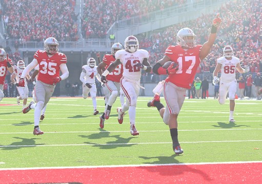 Redshirt-freshman H-back Jalin Marshall (17) returns a punt for a touchdown during a game against Indiana on Nov. 22 at Ohio Stadium. OSU won, 42-27. Credit: Mark Batke / Photo editor