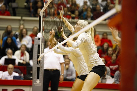 OSU sophomore middle blocker Taylor Sandbothe watches the ball during a match against Penn State on Oct. 31 at St. John Arena. OSU lost, 3-0. Credit: Kelly Roderick / For The Lantern