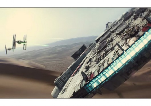 The Millennium Falcon is fired upon by a TIE Fighter in a teaser trailer for 'Star Wars: The Force Awakens.' Credit: Screenshot of trailer