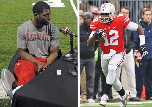 Left: Redshirt-freshman quarterback J.T. Barrett addresses the media Dec. 3 at the Woody Hayes Athletic Center. Barrett had surgery for a fractured ankle on Nov. 30, and has been ruled out for the rest of the season. Credit: Tim Moody / Sports editor Right: Redshirt-sophomore quarterback Cardale Jones (12) carries the ball during a game against Michigan on Nov. 29 at Ohio Stadium. OSU won, 42-28. Credit: Mark Batke / Photo editor
