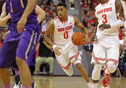 OSU freshman guard D'Angelo Russell (0) dribbles the ball up the floor during a game against James Madison on Nov. 28 at the Schottenstein Center. OSU won, 73-56.  Credit: Samantha Hollingshead / For The Lantern