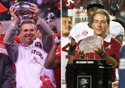 Left: Coach Urban Meyer hoists the Amos Alonzo Stagg Big Ten Championship trophy after the Big Ten Championship Game against Wisconsin on Dec. 6 in Indianapolis. OSU won, 59-0. Credit: Chelsea Spears / Multimedia editor Right: Alabama coach Nick Saban hoists the trophy following a 42-14 win against Notre Dame in the BCS National Championship game at Sun Life Stadium on Jan. 7, 2013, in Miami Gardens, Fla.  Credit: Courtesy of TNS