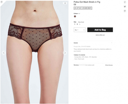 An photograph advertising polka-dotted underwear was banned from Urban Outfitters website in the United Kingdom after the model was deemed to be too underweight. Credit: Screenshot of Urban Outfitters' American website.