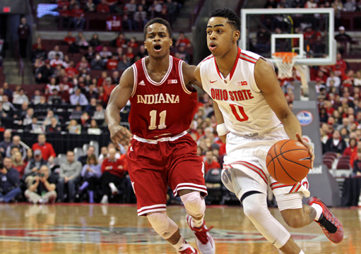Freshman guard D'Angelo Russell (0) dribbles the ball past Indiana junior guard Yogi Ferrell (11) during a Jan. 25 game at the Schottenstein Center. OSU won, 82-70. Credit: Samantha Hollingshead / Lantern photographer