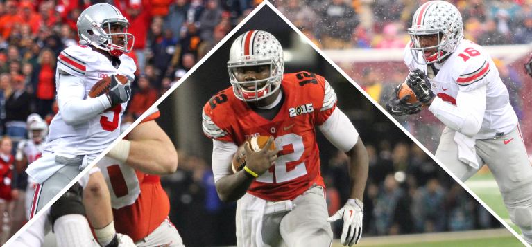 Left: Then-junior quarterback Braxton Miller during a game against Illinois on Nov. 16, 2013, in Champaign, Ill. Center: Redshirt-sophomore quarterback Cardale Jones during the College Football Playoff National Championship against Oregon on Jan. 12 in Arlington, Texas. Right: Redshirt-freshman quarterback J.T. Barrett during a game against Minnesota on Nov. 15 in Minneapolis.
