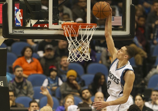 Minnesota Timberwolves guard Zach LaVine (8) dunks during the second quarter on Sunday, Dec. 14, 2014, at the Target Center in Minneapolis. Credit: Courtesy of TNS