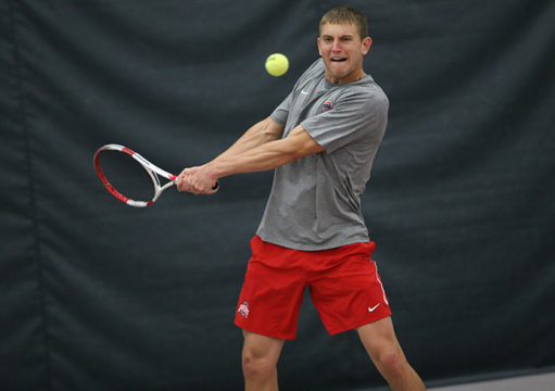Senior Kevin Metka prepares for a forehand hit during a match against South Florida on Feb. 8 in Columbus. OSU won, 4-0. Credit: Mark Batke / Photo editor