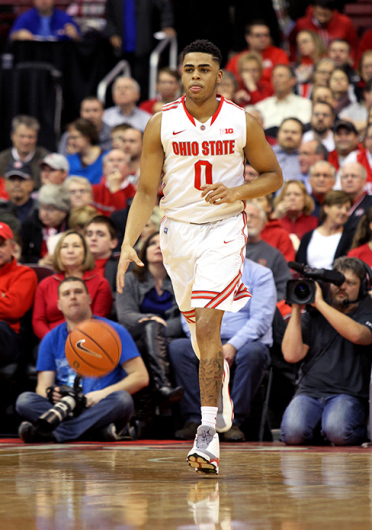 Ohio State freshman guard D'Angelo Russell dribbles up the court during a game against Maryland Jan. 29 at the Schottenstein Center. OSU won, 80-56. Credit: Sam Hollingshead / Lantern photographer