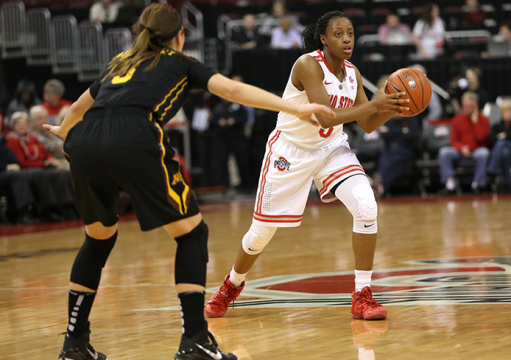 OSU freshman guard Kelsey Mitchell (3) looks to pass the ball during a game against Minnesota on Jan. 15 at the Schottenstein Center. OSU lost, 76-72. Credit: Mark Batke / Photo editor