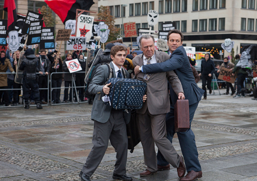 A hard-working small business owner Dan Truckman (Vince Vaughn, right) and his two associates Timothy McWinters (Tom Wilkinson, center) and Mike Pancake (David Franco, left) in the comedy 'Unfinished Business.'  Credit: Courtesy of TNS