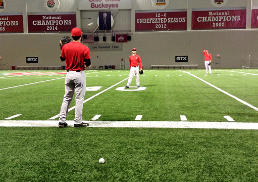The OSU baseball team practiced at the Woody Hayes Athletic Center on March 3. before its road trip to Bowling Green, Ky. to take on Western Kentucky. Credit: Lexus Robinson / Lantern reporter