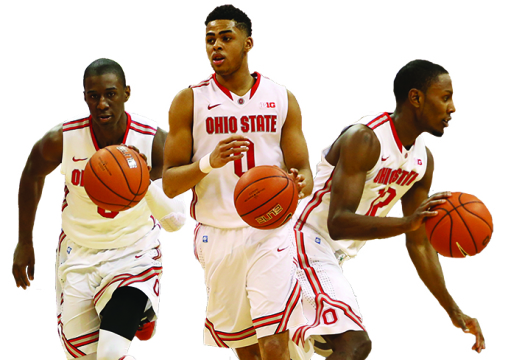 enior guard Shannon Scott (3), freshman guard D'Angelo Russell (0) and senior forward Sam Thompson (12) lead the Buckeyes into the Big Ten Tournament as the No. 6 seed. Photo illustration by Mark Batke