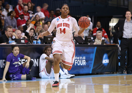 OSU junior guard Ameryst Alston (14) dribbles the ball up the floor during a NCAA Tournament first-round game against James Madison on March 21 in Chapel Hill, N.C.. OSU won, 90-80, behind Alston's 28 points. Credit: Courtesy of OSU athletics