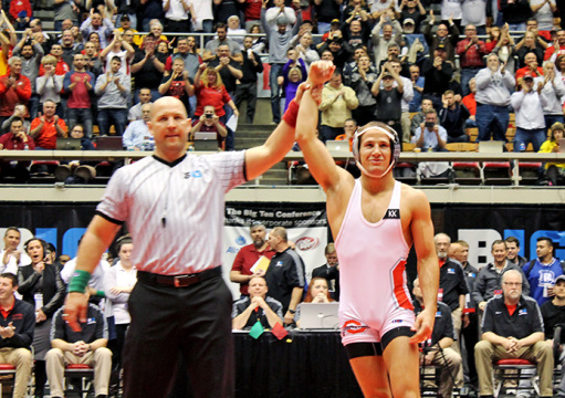 OSU redshirt-senior Logan Steiber is victorious during a match against Iowa at the St. John Arena on March 8. OSU and Iowa tied at 120 points, making them B1G co-champions. Credit: Patrick Kalista / Lantern reporter