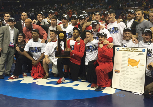 Members of the OSU wrestling team pose for a photo following the NCAA Division I Wrestling Championships on March 21 in St. Louis. The Buckeyes claimed the team national title for the 1st time in program history. Credit: Patrick Kalista / Lantern reporter