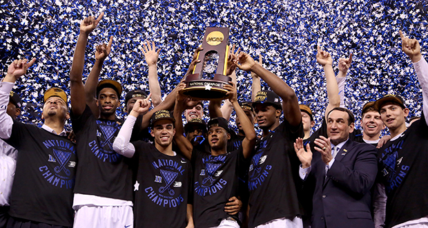 The Duke Blue Devils celebrate their 68-63 win over Wisconsin in the NCAA National Championship game on April 6 in Indianapolis. Credit: Courtesy of TNS