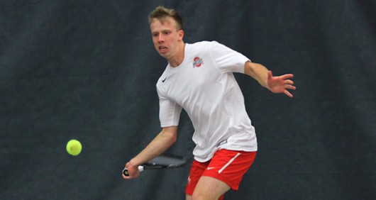 Then-redshirt junior Chris Diaz prepares to hit the ball during a match against Oklahoma on March 6, 2015 in Columbus. OSU lost, 4-3. Credit: Lantern File Photo