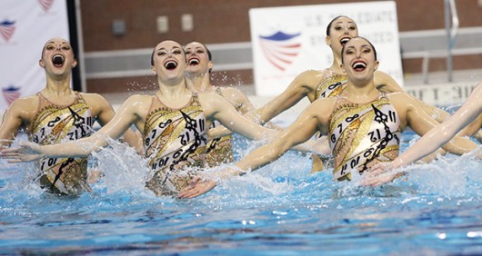 Members of the OSU synchronized swimming team compete in the U.S. Collegiate National Championships on March 28 at McCorkle Aquatic Pavilion. The Buckeyes clinched their 29th national title in program history. Credit: Lantern File Photo