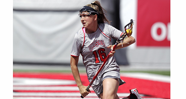 Senior attackman Jackie Cifarelli makes a move with the ball during a match on April 12 against Maryland. OSU lost, 13-8.  Credit: Courtesy of OSU athletics