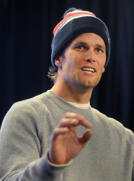 New England Patriots quarterback Tom Brady speaks to the media at a press conference at Gillette Stadium on Thursday. Jan. 22, 2015. The press conference centered around the fact that 11 of 12 Patriot game balls were under-inflated according to NFL rules during the first half of Sunday's AFC Championship victory over the Colts. Credit: Courtesy of TNS