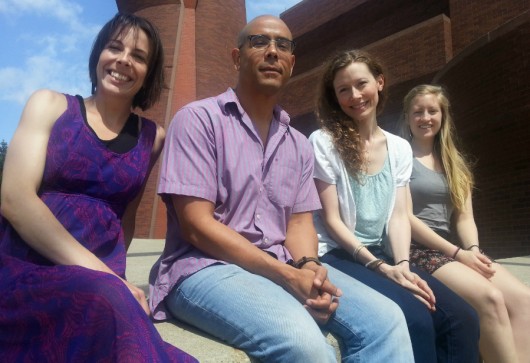 Ohio State researchers have turned to a crowdfunding website in an effort to help raise funding for the continuation of their research. From left to right: Nicole Garlando, Maurice Stevens, Tracie McCambridge and Michelle Hablitzel sit outside the Wexner Center for the Arts. Credit: Michael Huson / Campus Editor