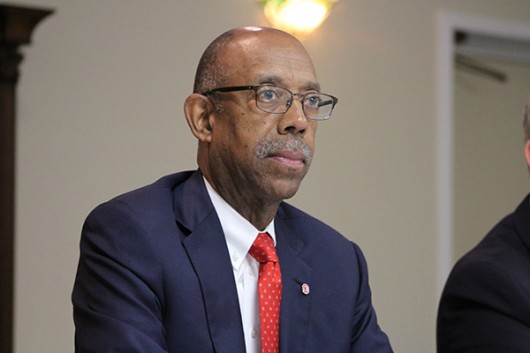 University President Michael Drake sits on a panel during his college-affordability tour August 2015. Credit: Lantern File Photo 