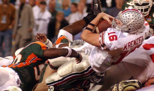 Ohio State quarterback Craig Krenzel scores a touchdown against Miami during the second quarter of the Fiesta Bowl on January 3, 2003. Credit: Courtesy of TNS