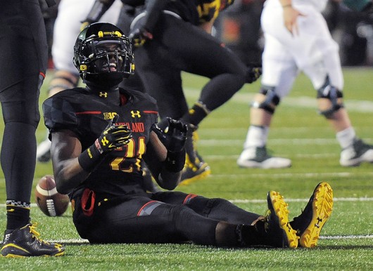 Maryland Terrapins defensive back Sean Davis (21) reacts after missing a chance at an interception during the second quarter Saturday, Nov. 15, 2014 at Byrd Stadium in College Park, Md. Credit: Courtesy of TNS