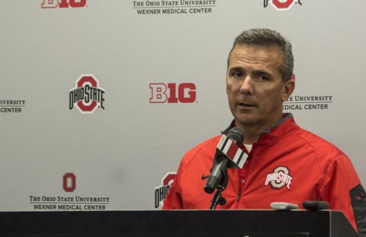 OSU coach Urban Meyer speaks to the media on Monday at the Woody Hayes Athletic Center. Credit: Kevin Stankiewicz / Asst. Sports Editor 
