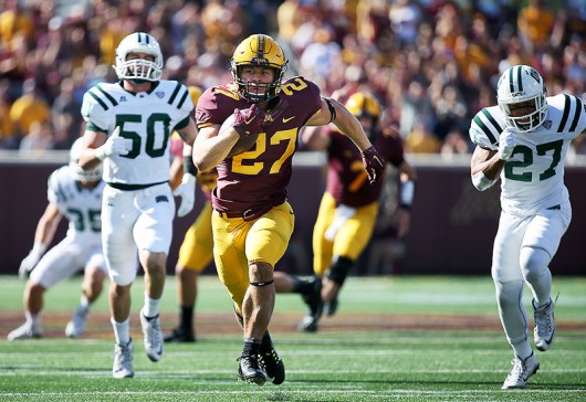 Minnesota running back Shannon Brooks runs for 40-yard touchdown in the second quarter against Ohio at TCF Bank Stadium in Minneapolis on Sept. 26. Credit: Courtesy of TNS 
