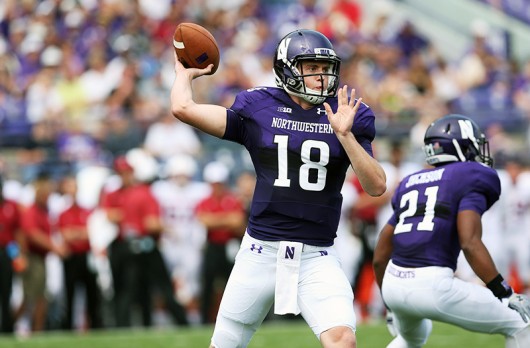 Northwestern quarterback Clayton Thorson (18) throws a pass in the first half of a game against Stanford at Ryan Field on Saturday, Sept. 5, 2015 in Evanston, Ill. Northwestern won 16-6. Credit: Courtesy of TNS