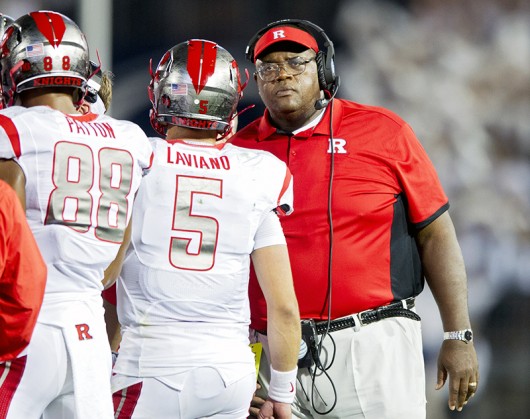 Rutgers interim head coach Norries Wilson talks to his players amid a 28-3 loss against Penn State on Saturday, Sept. 19, 2015, at Beaver Stadium in University Park, Pa. Credit: Courtesy of TNS 