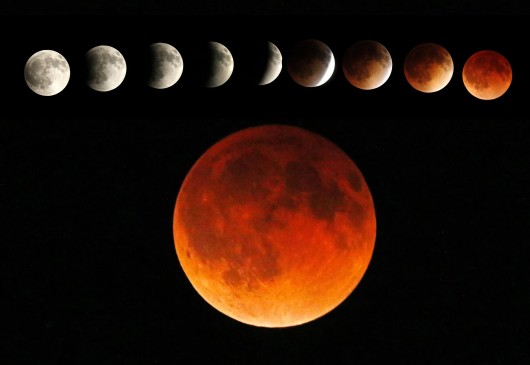 A rare super bloodmoon will appear Sunday evening, between 9 p.m. and 11 midnight. Credit: Courtesy of TNS