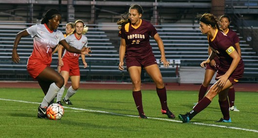 Junior forward Nichelle Prince (7) dribbles with the ball during a game against Minnesota on Sept. 17. OSU lost 2-1.