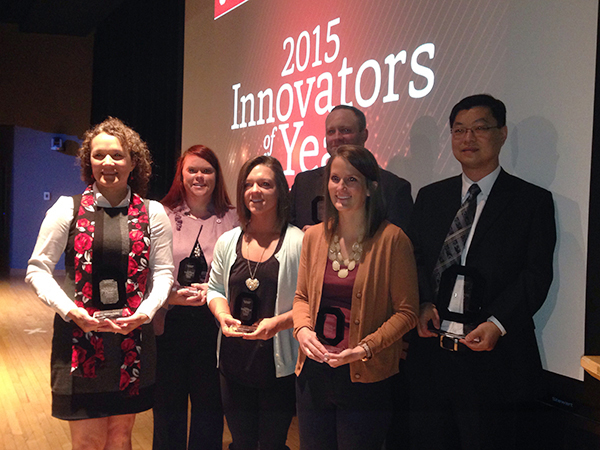 Recipients of the 2015 Innovator of the Year Awards. From left to right: Melissa Bailey, Sarah-Jane Baserman, Hayley Townsend, Phillip Newman, Stephanie Ritchie, Robert Lee (not in attendance: Megan Miller-Lloyd). Credit: Clayton Eberly / Lantern Reporter