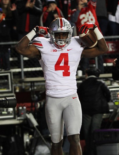Junior H-back Curtis Samuel celebrates a touchdown against Rutgers in Piscataway, New Jersey, on Oct. 24, 2015. Credit: Lantern File Photo