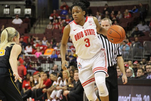 OSU then-freshman guard Kelsey Mitchell (3) dribbles the ball during a game against Iowa on Feb. 21 at the Schottenstein Center. Credit: Lantern File Photo 